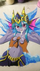 Rule 34 | 1girl, angry, blue skin, breasts, colored skin, cum, demon, demon girl, disembodied hand, disembodied penis, facial, fins, frost demon (p&amp;d), green hair, hasamimushi, head fins, hetero, highres, ice, medium breasts, paizuri, penis, puzzle &amp; dragons, red eyes, tears, topless, uncensored