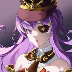 Rule 34 | 1girl, absurdres, athee (yichuanfawen), bare shoulders, black necktie, chevreuse (genshin impact), commentary request, detached collar, detached sleeves, dress, earmuffs, earmuffs around neck, eyepatch, genshin impact, gold trim, gradient background, hat, highres, long hair, looking at viewer, multicolored hair, necktie, no mole, parted lips, pink lips, portrait, purple background, purple eyes, purple hair, shako cap, solo, strapless, strapless dress, streaked hair, two-tone hair, very long hair, white hair
