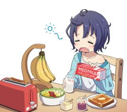 Rule 34 | 1girl, ahoge, banana, blue hair, blue jacket, bread, bread slice, butter, chair, cherry tomato, closed eyes, collarbone, commentary request, cup, facing viewer, fang, flat chest, food, fruit, glass, gochuumon wa usagi desu ka?, hardboiled egg, holding, holding cup, hood, hooded jacket, jacket, jam, jar, jouga maya, messy hair, milk, milk carton, mohei, off shoulder, open mouth, pouring, salad, shirt, simple background, single bare shoulder, sitting, skin fang, solo, squeans, sun, table, toast, toaster, tomato, upper body, white background, white shirt, wooden chair, wooden table, yawning