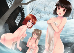 Rule 34 | 3girls, :o, akatsuki miho, akemiho tabi nikki, areola slip, ass, back, bare tree, bent over, black hair, blue eyes, blunt bangs, blush, breasts, brown hair, building, cleavage, collarbone, covering privates, covering breasts, day, embarrassed, flat chest, fukube tamaki, glasses, greyscale, groin, hair ornament, hair scrunchie, holding, holding towel, icicle, kouno hikaru, leaning forward, light frown, long hair, looking back, medium breasts, monochrome, multiple girls, nude cover, onsen, open mouth, oribe shiori, outdoors, ponytail, red hair, rimless eyewear, rock, round teeth, scrunchie, short hair, shoulder blades, sideboob, sidelocks, snow, tareme, teeth, towel, tree, wading, water, water drop, window, winter, wooden wall