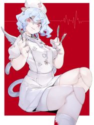 Rule 34 | 1girl, aioi u, alternate costume, animal ears, between fingers, blood, blood on face, blue hair, buttons, cat ears, cat girl, cat tail, chromatic aberration, cross, doctor blythe, doll joints, feathered wings, grey tail, hair between eyes, hands up, hat, heart, highres, holding, hunter x hunter, joints, kneehighs, light blue hair, mini wings, neferpitou, nurse, nurse cap, parted lips, pink eyes, puffy short sleeves, puffy sleeves, scalpel, short hair, short sleeves, sitting, slit pupils, smile, socks, solo, tail, tail raised, white hat, white socks, white wings, wings