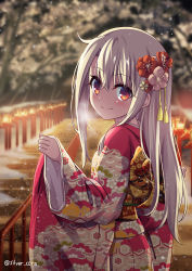 Rule 34 | 1girl, absurdres, blush, breasts, fate/kaleid liner prisma illya, fate (series), highres, illyasviel von einzbern, japanese clothes, kimono, long hair, long sleeves, looking at viewer, morokoshi (tekku), red eyes, small breasts, smile, solo, white hair, wide sleeves