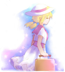 Rule 34 | 1girl, blonde hair, blouse, cocoa (cocoa1qld), ellipsis (mitei), closed eyes, hat, holding, holding suitcase, louise (touhou), low twintails, medium hair, neckerchief, purple neckerchief, purple sailor collar, purple sash, rolling suitcase, sailor collar, sash, shirt, short sleeves, skirt, suitcase, sun hat, touhou, touhou (pc-98), twintails, white headwear, white shirt, white skirt