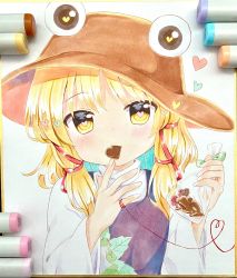 Rule 34 | 1girl, art tools in frame, bag, blonde hair, brown headwear, candy, chocolate, chocolate heart, food, food in mouth, heart, heart-shaped pupils, highres, holding, holding bag, leaf, long sleeves, looking at viewer, marker (medium), moriya suwako, photo (medium), ramudia (lamyun), short hair, sidelocks, solo, symbol-shaped pupils, touhou, traditional media, turtleneck, upper body, valentine, wide sleeves, yellow eyes