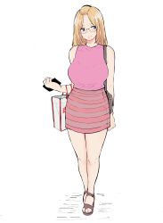 Rule 34 | 1girl, absurdres, bag, bangs pinned back, bare legs, blonde hair, blue eyes, breasts, cellphone, commentary, english commentary, flat color, full body, glasses, handbag, highres, holding, holding bag, holding phone, inne sulistya robin, large breasts, long hair, looking to the side, miniskirt, norman maggot, original, phone, pink shirt, sandals, shirt, shirt tucked in, shopping bag, simple background, sketch, skirt, sleeveless, sleeveless shirt, solo, standing, striped clothes, striped skirt, teacher, white background