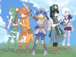 Rule 34 | 5girls, :o, adjusting eyewear, alternate costume, armor, arrow (projectile), bag, bandana around arm, belt, black hair, black pantyhose, blue eyes, blue hair, blue skirt, blue sky, blush, boots, bow, bow (weapon), breastplate, brown belt, brown footwear, cloud, cloudy sky, coat, collared shirt, creator connection, crescent, crescent earrings, crop top, daijoyuu-san (synthesizer v), day, dear my witchcraft (vocaloid), drop earrings, earrings, expressionless, fanny pack, faulds, fist in hand, full body, garter straps, gauntlets, glasses, gloves, grass, green eyes, green footwear, green hair, green shirt, green shorts, green skirt, green tabard, green thighhighs, grey pants, hair bow, half-closed eyes, hat, heart, heart arrow, high heel boots, high heels, highres, holding, holding arrow, holding bow (weapon), holding shield, holding staff, holding sword, holding weapon, hood, hooded coat, jewelry, kneehighs, legs together, lineup, long hair, long skirt, looking at viewer, mage staff, medium hair, midriff, multiple girls, multiple hair bows, open clothes, open coat, orange coat, orange eyes, orange hair, orange headwear, orange scarf, orange skirt, orange socks, outdoors, over! (vocaloid), pants, pants under skirt, pantyhose, pauldrons, pearl earrings, pigeon-toed, pleated skirt, poleyn, ponytail, profile, purple bandana, purple eyes, purple gloves, purple shirt, purple shorts, purple thighhighs, quiver, ribbed socks, ribbed thighhighs, sabaton, sanpaku, scarf, scowl, shield, shirt, short shorts, shorts, shoulder armor, shoulder bag, skirt, sky, sleeveless, sleeveless shirt, sleeveless turtleneck, socks, songover, staff, standing, sword, synthesizer v, tabard, tabun owari (vocaloid), thigh boots, thighhighs, turtleneck, v-shaped eyebrows, vocaloid, waist cape, watashi wa kinki (vocaloid), wavy hair, weapon, white bow, white hair, white shirt, witch hat, zako (zakodayo00)