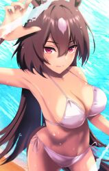 Rule 34 | 1girl, alternate costume, animal ears, arm up, armpits, bikini, blush, breasts, brown hair, cleavage, commentary request, day, from above, hair between eyes, horse ears, horse girl, horse tail, large breasts, licking lips, light blush, long hair, multicolored hair, navel, ocean, red eyes, sami86638476, sand, side-tie bikini bottom, sirius symboli (umamusume), smile, solo, stomach, streaked hair, swimsuit, tail, tongue, tongue out, umamusume, very long hair, white bikini, white hair