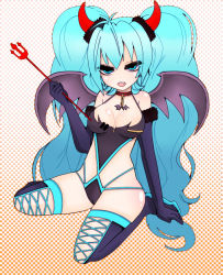 Rule 34 | 1girl, aqua eyes, aqua hair, bad id, bad pixiv id, bat wings, breasts, cameltoe, cleavage, demon girl, elbow gloves, fang, female focus, full body, gloves, halftone, halftone background, hatsune miku, horns, long hair, medium breasts, polearm, sakagemiken5, solo, thighhighs, trident, twintails, vocaloid, weapon, wings