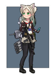 Rule 34 | 1girl, :3, american flag neckwear, animal ear fluff, animal ears, assault rifle, azur lane, black footwear, black pantyhose, blush, boots, cat ears, cellphone, closed mouth, combat boots, commentary request, covered navel, cross-laced footwear, dedorudy, elbow gloves, fingerless gloves, flashlight, forehead, full body, gloves, gradient hair, green eyes, gun, highres, holding, holding phone, looking to the side, m4 carbine, multicolored hair, neckerchief, pantyhose, phone, rifle, rigging, sailor collar, sims (azur lane), smartphone, smile, solo, standing, thighband pantyhose, torpedo tubes, two side up, weapon, white hair, white sailor collar