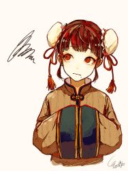 Rule 34 | 1girl, akagi shun, blunt bangs, chinese clothes, closed mouth, double bun, hair bun, long sleeves, looking to the side, mole, mole under mouth, original, pink background, red eyes, red hair, signature, simple background, solo, squiggle, upper body, white background, wide sleeves
