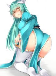 Rule 34 | 1girl, :d, all fours, aqua hair, aqua kimono, ass, blush, breasts, brown eyes, commentary request, fate/grand order, fate (series), from behind, hair between eyes, highres, horns, japanese clothes, kimono, kiyohime (fate), large breasts, long hair, long sleeves, looking at viewer, looking back, no socks, obi, open mouth, parted lips, sabujiroko, sash, simple background, smile, solo, thighhighs, thighhighs pull, white background, white thighhighs, wide sleeves
