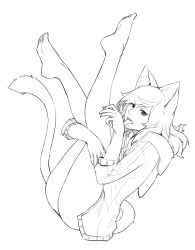 Rule 34 | 1girl, absurdres, animal ears, ass, bare legs, barefoot, cat ears, cat tail, commentary request, fingernails, from side, greyscale, highres, hood, hood down, hoodie, hugging own legs, less, looking at viewer, monochrome, naked hoodie, original, sharp fingernails, simple background, solo, tail, tongue, tongue out, white background