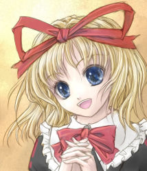 Rule 34 | 1girl, :d, alice margatroid, blonde hair, blue eyes, bow, bowtie, collar, female focus, frills, hair ribbon, medicine melancholy, open mouth, own hands clasped, own hands together, red bow, red bowtie, red ribbon, ribbon, short hair, simple background, smile, solo, touhou, yellow background, yuki shuuka