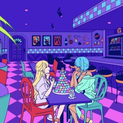 Rule 34 | 2girls, akroglam, aorta (akroglam), blonde hair, blue hair, cafe, chair, closed eyes, closed mouth, commentary request, counter, cup, dark-skinned female, dark skin, door, eno (akroglam), full body, hands up, highres, indoors, long hair, macaron tower, multiple girls, official art, open mouth, picture frame, second-party source, short hair, sitting, smile, stool, table, teacup