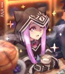 Rule 34 | + +, 1girl, animal hood, belt collar, black capelet, black gloves, blurry, blurry background, blurry foreground, capelet, collar, commentary, cup, depth of field, english commentary, fate/grand order, fate (series), food, gloves, highres, holding, holding cup, hood, hood up, long hair, long sleeves, looking at viewer, medusa (fate), medusa (lancer) (fate), open mouth, pink eyes, pink hair, rider, runemill, sanpaku, solo focus, sparkle, twitter username, wide-eyed