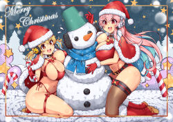 Rule 34 | 2girls, bikini, blonde hair, blue hair, boots, border, breasts, brown eyes, brown thighhighs, candy, candy cane, cape, christmas, cleavage, crop top, food, gloves, hat, headphones, kneeling, large breasts, long hair, merry christmas, multiple girls, nitroplus, open mouth, pink hair, red bikini, red eyes, red footwear, red gloves, red headwear, santa hat, scarf, seiza, short cape, short hair, short shorts, short twintails, shorts, sitting, smile, snow, snowman, super pochaco, super sonico, swimsuit, teeth, thigh strap, thighhighs, thighs, tongue, twintails, upper teeth only, virus-g, wide hips