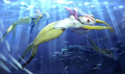 Rule 34 | 3girls, ao no roku-gou, armpits, arms up, ass, ao no roku-gou, breasts, fish, light rays, long hair, monster girl, multiple girls, mutio, navel, nude, observerz, red eyes, silver hair, skinny dipping, swimming, underwater