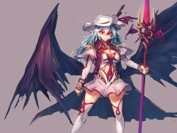 Rule 34 | 1girl, aged up, bat wings, blue hair, bow, breasts, cape, cleavage, dress, elbow gloves, gloves, grey background, hat, hat bow, holding, large breasts, large wings, long hair, melon22, mob cap, polearm, red eyes, remilia scarlet, simple background, solo, spear, spear the gungnir, thighhighs, touhou, very long hair, weapon, white thighhighs, wings, zettai ryouiki