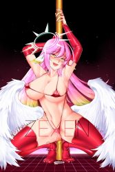 Rule 34 | 1girl, 2019, angel wings, armpits, arms up, artist name, blush, breasts, bridal gauntlets, commentary, commission, spiked halo, covered erect nipples, cross, drooling, english commentary, feathered wings, gradient hair, halo, highres, jibril (no game no life), large breasts, long hair, low wings, magic circle, multicolored hair, navel, no game no life, one-piece swimsuit, open mouth, pink hair, red one-piece swimsuit, red thighhighs, solo, swimsuit, symbol-shaped pupils, tattoo, thighhighs, very long hair, white wings, wing ears, wings, yellow eyes, zexen