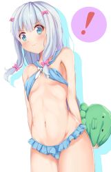 Rule 34 | !, &gt;:(, 10s, 1girl, arms behind back, bare arms, bare shoulders, bikini, bikini skirt, blue bikini, blue eyes, blunt bangs, blush, bow, breasts, closed mouth, cowboy shot, eromanga sensei, frown, hair bow, holding, izumi sagiri, long hair, looking at viewer, mia (kuja999), navel, pink bow, sidelocks, silver hair, simple background, small breasts, solo, spoken exclamation mark, standing, stomach, stuffed animal, stuffed octopus, stuffed toy, swimsuit, underboob, v-shaped eyebrows, very long hair, wavy mouth, white background, white bow