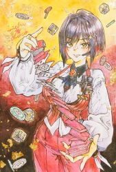 Rule 34 | 1girl, artist name, black hair, breasts, card, coin, collared shirt, colored inner hair, dice, dress shirt, goddess of victory: nikke, grin, large breasts, looking at viewer, michikusa choco, multicolored hair, nail polish, pants, playing card, puffy sleeves, red hair, red nails, red pants, red vest, rouge (nikke), shirt, short hair, smile, solo, sparkle hair ornament, traditional media, vest, yellow eyes