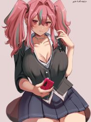 Rule 34 | 1girl, azur lane, black sweater, blush, breasts, bremerton (azur lane), cleavage, collared shirt, dress shirt, grey skirt, highres, large breasts, long hair, long sleeves, looking at viewer, mole, mole on breast, mole under eye, multicolored hair, pink eyes, pink hair, pleated skirt, shirt, sidelocks, skirt, smile, solo, streaked hair, sweater, twintails, white shirt, yamamori kinako