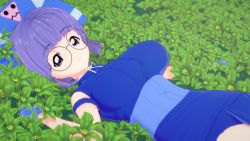 Rule 34 | breasts, glasses, gluko, highres, large breasts, looking at viewer, lying on ground, mon colle knights, purple eyes, purple hair, rokumon tengai mon colle knight, smile, tagme