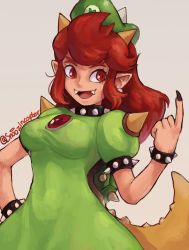 Rule 34 | 1girl, artist name, bracelet, breasts, dress, fangs, green dress, green hat, hat, highres, horns, jewelry, koopa peach, mario (series), medium breasts, nintendo, pointy ears, prototype design, red eyes, red hair, shoulder spikes, snoozincopter, solo, spiked bracelet, spikes, super mario odyssey, tail