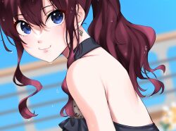 Rule 34 | 1girl, :3, bare shoulders, blue eyes, blurry, blurry background, brown hair, commentary, dutch angle, earrings, halterneck, highres, ichinose shiki, idolmaster, idolmaster cinderella girls, idolmaster cinderella girls starlight stage, jewelry, larmen sennin, long hair, looking at viewer, ponytail, solo, swimsuit, upper body, wet