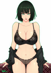 Rule 34 | 1girl, black bra, black jacket, black panties, bob cut, bra, breasts, cleavage, couch, dated, female focus, fubuki (one-punch man), green eyes, green hair, highres, jacket, large breasts, lingerie, lip biting, looking at viewer, matching hair/eyes, midriff, nail polish, naughty face, navel, one-punch man, panties, ryu seung, shiny skin, signature, solo, underwear, underwear only, unworn jacket, white background, white nails
