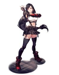 Rule 34 | 1girl, black hair, black skirt, black thighhighs, breasts, crop top, final fantasy, final fantasy brave exvius, final fantasy vii, final fantasy vii remake, fingerless gloves, full body, gloves, large breasts, long hair, looking at viewer, low-tied long hair, midriff, miniskirt, navel, official art, red footwear, ryuji ohara, simple background, skirt, solo, stomach, suspender skirt, suspenders, swept bangs, thighhighs, third-party source, tifa lockhart, very long hair, war of the visions: final fantasy brave exvius, white background