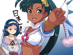 Rule 34 | 2girls, bare shoulders, blue eyes, blue hair, blush, breasts, brown eyes, cleavage, closed mouth, commentary request, dark-skinned female, dark skin, green hair, hairband, highres, jean (lunar), jewelry, long hair, looking at viewer, lucia (lunar), lunar, lunar 2: eternal blue, medium breasts, multiple girls, necklace, open mouth, pendant, ponytail, side ponytail, simple background, smile, watakinu