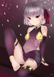Rule 34 | 1girl, absurdres, anklet, arm support, bare shoulders, barefoot, black panties, bridal gauntlets, chinese clothes, closed mouth, collarbone, covered navel, dudou, earrings, elbow gloves, fate/grand order, fate (series), feet, gloves, gold, hair ribbon, highres, jewelry, john zerowb, kama (fate), kama (first ascension) (fate), leg up, looking at viewer, navel, panties, petals, purple shirt, purple thighhighs, red eyes, red ribbon, ribbon, ring, see-through, shirt, silver hair, sitting, smile, solo, thighhighs, toeless legwear, toes, underwear