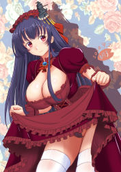 Rule 34 | 1girl, alternate costume, apron, artist logo, black hair, black panties, breasts, cleavage, clothes lift, commentary request, cowboy shot, dated, dress, dress lift, floral background, flower, frilled apron, frilled dress, frills, fusou (kancolle), gothic lolita, hair ornament, kantai collection, large breasts, leaning forward, lolita fashion, long hair, looking at viewer, maid headdress, moke ro, panties, red apron, red dress, red eyes, rose, solo, standing, thighhighs, underwear, white thighhighs