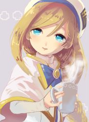 Rule 34 | 00s, 1girl, alicia florence, aria (manga), beret, blonde hair, blue eyes, bow, bowtie, capelet, cup, hat, high collar, holding, long hair, long sleeves, parted bangs, simple background, solo, teacup, uzu86 (toritoritotori)