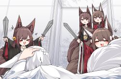 Rule 34 | &gt;o&lt;, 5girls, = =, absurdres, akagi-chan (azur lane), akagi (azur lane), amagi-chan (azur lane), amagi (azur lane), animal ears, azur lane, bell, black kimono, blush, brown hair, dual wielding, ears down, eyeshadow, facing viewer, fighting, flower, fox ears, fox girl, fox tail, from behind, hair bell, hair between eyes, hair flower, hair ornament, hand on own head, hands up, happy, highres, holding, holding sword, holding weapon, indoors, injury, japanese clothes, kaga (azur lane), kimono, kitsune, long hair, looking at another, makeup, multiple girls, multiple tails, open mouth, orange eyes, outstretched arms, playing, print kimono, purple eyes, red eyes, red eyeshadow, red kimono, samip, smile, surprised, sword, tail, very long hair, weapon, white hair, white kimono, wide sleeves
