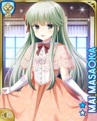 Rule 34 | 1girl, :d, bow, brown bow, card (medium), day, dress, girlfriend (kari), gloves, grey eyes, hair bow, indoors, long hair, looking at viewer, masaoka mai, official art, open mouth, orange dress, qp:flapper, red bow, smile, solo focus, standing, tagme, white gloves, window