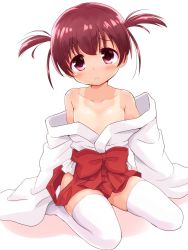 Rule 34 | 1girl, bare shoulders, blush, commentary request, female focus, flat chest, full body, hakama, hakama short skirt, hakama skirt, hip vent, japanese clothes, looking at viewer, miko, no bra, no panties, no shoes, off shoulder, one-piece tan, purple hair, red eyes, red hakama, ringo (nanaprin), saki (manga), shadow, short hair, short twintails, simple background, sitting, skirt, sleeves past wrists, solo, tan, tanline, thighhighs, twintails, usuzumi hatsumi, wariza, white background, white thighhighs
