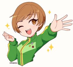 Rule 34 | 1girl, brown eyes, brown hair, clenched hand, cremanata, green jacket, highres, jacket, looking at viewer, one eye closed, open mouth, persona, satonaka chie, short hair, simple background, teeth, upper body, upper teeth only, white background