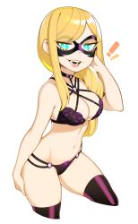 Rule 34 | !, !!, 1girl, :d, bare arms, bare shoulders, blonde hair, blue eyes, bra, breasts, bright pupils, commentary, commission, cropped legs, domino mask, english commentary, fangs, hair over shoulder, halphelt, hand up, highres, large breasts, lipstick, long hair, looking at viewer, makeup, mask, navel, open mouth, original, panties, pink lips, purple bra, purple panties, purple thighhighs, simple background, smile, solo, thighhighs, underwear, underwear only, white background, white pupils
