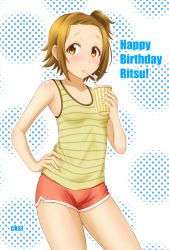 Rule 34 | 1girl, alternate hairstyle, artist name, blush, brown eyes, brown hair, casual, character name, ckst, collarbone, cup, drink, drinking, drinking straw, gym shorts, halftone, halftone background, happy birthday, k-on!, one side up, shirt, short hair, shorts, solo, standing, striped clothes, striped shirt, tainaka ritsu, tareme