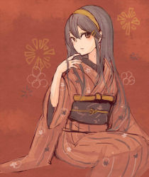 Rule 34 | 1girl, alternate costume, floral background, floral print, grey hair, hair between eyes, hair ornament, hairband, hairclip, haruna (kancolle), japanese clothes, kantai collection, kimono, long hair, looking at viewer, red background, red kimono, simple background, sitting, solo, wide sleeves, wss (nicoseiga19993411), yellow hairband
