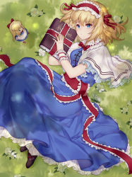 Rule 34 | 2girls, absurdres, alice margatroid, apron, azure (kireiazure), black footwear, blonde hair, blue dress, blue eyes, blush, book, boots, bow, bowtie, breasts, capelet, collar, commentary request, dress, flower, frilled capelet, frilled collar, frilled hairband, frilled sash, frills, from above, grass, green flower, grimoire of alice, hair between eyes, hair bow, hair ribbon, hairband, highres, holding, holding book, knees up, leaf, lolita hairband, long dress, long hair, looking at viewer, lying, medium breasts, multiple girls, on back, outdoors, petticoat, red bow, red hairband, red neckwear, red ribbon, red sash, ribbon, sash, shanghai doll, short hair, standing, touhou, waist apron, white apron, white capelet, | |