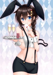 Rule 34 | 1girl, ace (playing card), ace of hearts, ahoge, animal ears, argyle, argyle background, argyle clothes, bad id, bad pixiv id, black shorts, blue eyes, blush, braid, brown hair, card, champagne flute, collar, crop top, cup, drinking glass, hair between eyes, hair flaps, hair ornament, hair over shoulder, hair ribbon, head tilt, heart, holding, holding card, holding tray, hoshino kagari, kantai collection, long hair, looking at viewer, navel, off shoulder, playing card, rabbit ears, ribbon, shigure (kancolle), shigure kai ni (kancolle), short shorts, shorts, single braid, smile, solo, standing, stomach, suspenders, thighs, tray, wrist cuffs