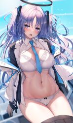 Rule 34 | 1girl, absurdres, black gloves, black skirt, blue archive, blue eyes, blue hair, blue necktie, blush, bow, bow panties, bra, breasts, collared shirt, commentary request, gloves, halo, highres, large breasts, liya, long hair, long sleeves, looking at viewer, mechanical halo, navel, necktie, open mouth, outdoors, panties, parted bangs, shirt, shirt down, skirt, solo, stomach, thighs, two side up, underwear, variant set, white bra, white shirt, yuuka (blue archive)