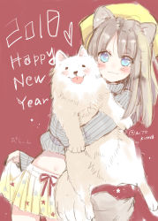 Rule 34 | 1girl, 2018, animal, animal ears, animal hug, blue eyes, blush, brown hair, cat ears, chinese zodiac, closed mouth, dog, english text, fingernails, grey sweater, hair between eyes, happy new year, hat, heart, highres, long hair, long sleeves, looking at viewer, midriff, mito (go!go!king!), navel, new year, original, pleated skirt, red background, red ribbon, ribbed sweater, ribbon, skirt, skirt hold, sleeves past wrists, smile, solo, sweater, yellow hat, yellow skirt