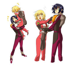 Rule 34 | 1boy, 1girl, :d, athrun zala, blonde hair, blue hair, blush, bodysuit, breasts, cagalli yula athha, carrying, carrying person, couple, green eyes, gundam, gundam seed, gundam seed destiny, gundam seed freedom, hetero, lifting person, mo8152379678, multicolored bodysuit, multicolored clothes, open mouth, pilot suit, red bodysuit, short hair, smile, yellow eyes