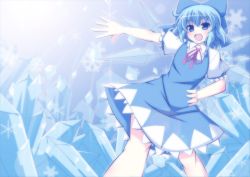 Rule 34 | 1girl, blue eyes, blue hair, blush, cirno, fang, hand on own hip, ice, ice wings, masiromu, matching hair/eyes, outstretched arm, snowflakes, solo, touhou, wings