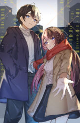Rule 34 | 1boy, 1girl, absurdres, alternate costume, black hair, black pants, black skirt, blue coat, blue eyes, blush, braid, brown coat, brown hair, city lights, cityscape, coat, hand in pocket, highres, indie virtual youtuber, iris black games, kamito (vtuber), light particles, long sleeves, looking at viewer, multicolored hair, outstretched hand, pants, pink hair, red scarf, ribbed sweater, ringozeri, scarf, skirt, smile, split-color hair, standing, sweater, tachibana hinano (vtuber), trench coat, turtleneck, turtleneck sweater, virtual youtuber, vspo!, white hair, white sweater