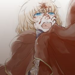 Rule 34 | 00s, 1girl, blood, blood on face, blue eyes, bow, brown hair, cape, crying, crying with eyes open, facial mark, frills, grabbing, green eyes, lily (pandora hearts), open mouth, pandora hearts, short hair, snot, solo focus, tears, wavily